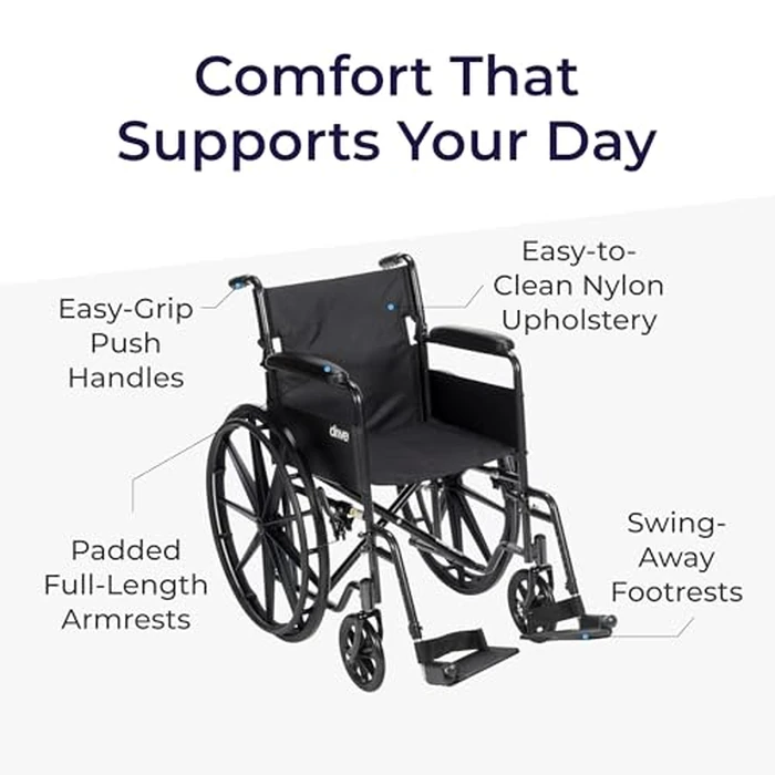 Drive Medical Silver Sport 1 Folding Transport Wheelchair - Lightweight Mobility Support - Full Armrests - Removable Swing-Away Footrests - Durable Steel Construction - Compact Folding Frame - Black by Drive Medical - Image 4