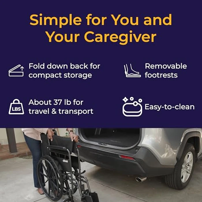 Drive Medical Silver Sport 1 Folding Transport Wheelchair - Lightweight Mobility Support - Full Armrests - Removable Swing-Away Footrests - Durable Steel Construction - Compact Folding Frame - Black by Drive Medical - Image 6