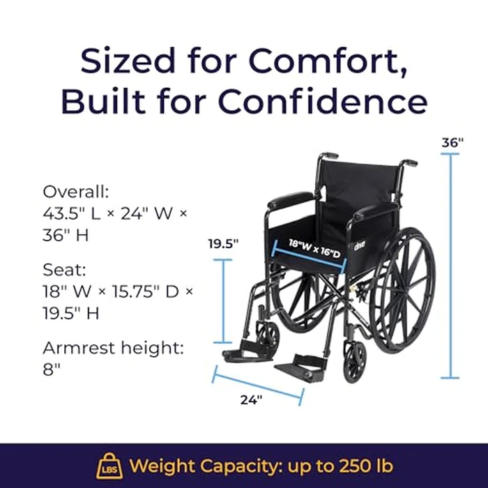 Drive Medical Silver Sport 1 Folding Transport Wheelchair - Lightweight Mobility Support - Full Armrests - Removable Swing-Away Footrests - Durable Steel Construction - Compact Folding Frame - Black by Drive Medical - Image 7