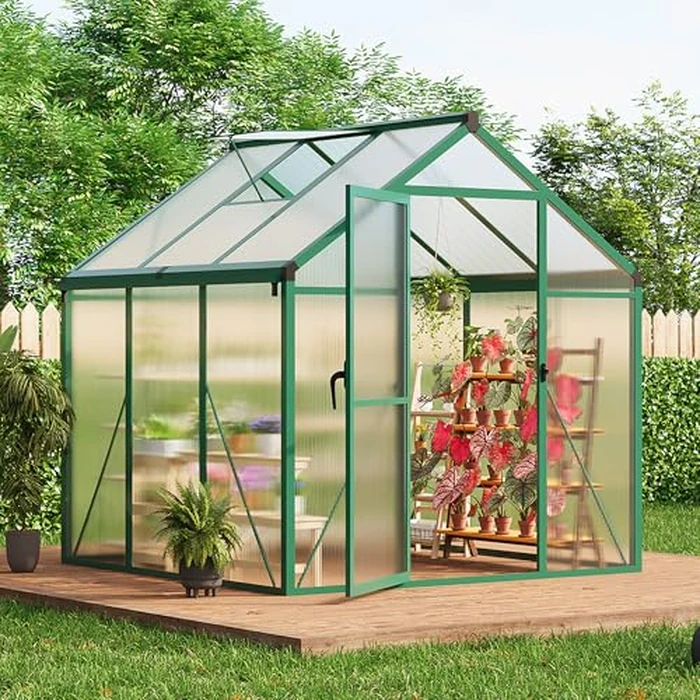 6x6 ft Greenhouse for Outdoors, Polycarbonate Greenhouse with Roof Vent, Ground Nails, Lockable Push Door, Aluminum Large Walk-in Green House for Outside Garden Backyard, Patio, Lawn, Green by GarveeLife - Image 1