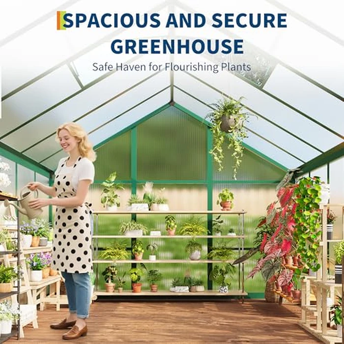 6x6 ft Greenhouse for Outdoors, Polycarbonate Greenhouse with Roof Vent, Ground Nails, Lockable Push Door, Aluminum Large Walk-in Green House for Outside Garden Backyard, Patio, Lawn, Green by GarveeLife - Image 2