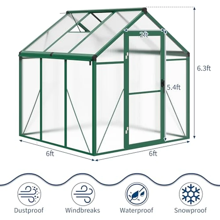 6x6 ft Greenhouse for Outdoors, Polycarbonate Greenhouse with Roof Vent, Ground Nails, Lockable Push Door, Aluminum Large Walk-in Green House for Outside Garden Backyard, Patio, Lawn, Green by GarveeLife - Image 4
