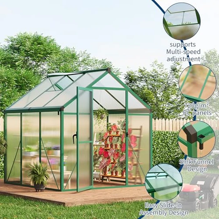 6x6 ft Greenhouse for Outdoors, Polycarbonate Greenhouse with Roof Vent, Ground Nails, Lockable Push Door, Aluminum Large Walk-in Green House for Outside Garden Backyard, Patio, Lawn, Green by GarveeLife - Image 5