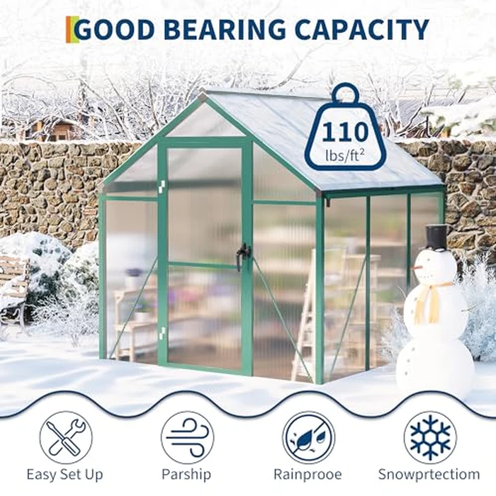 6x6 ft Greenhouse for Outdoors, Polycarbonate Greenhouse with Roof Vent, Ground Nails, Lockable Push Door, Aluminum Large Walk-in Green House for Outside Garden Backyard, Patio, Lawn, Green by GarveeLife - Image 6