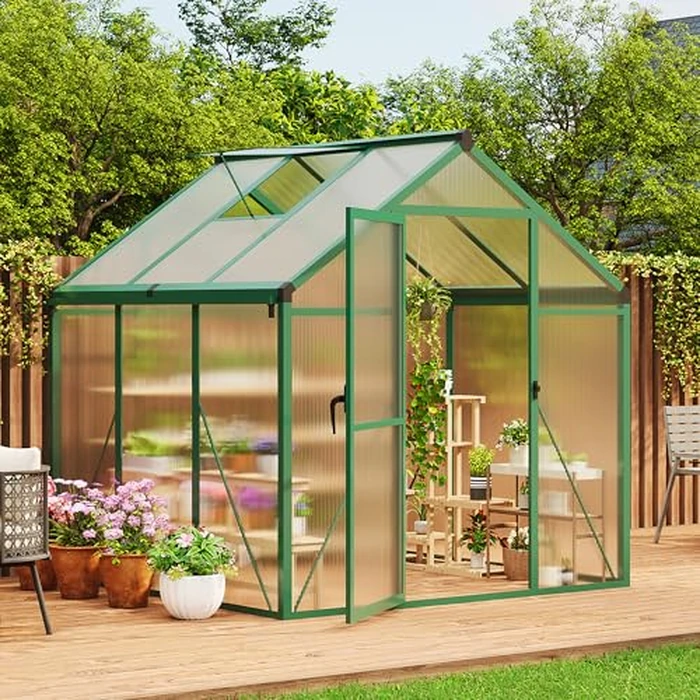 6x6 ft Greenhouse for Outdoors, Polycarbonate Greenhouse with Roof Vent, Ground Nails, Lockable Push Door, Aluminum Large Walk-in Green House for Outside Garden Backyard, Patio, Lawn, Green by GarveeLife - Image 9