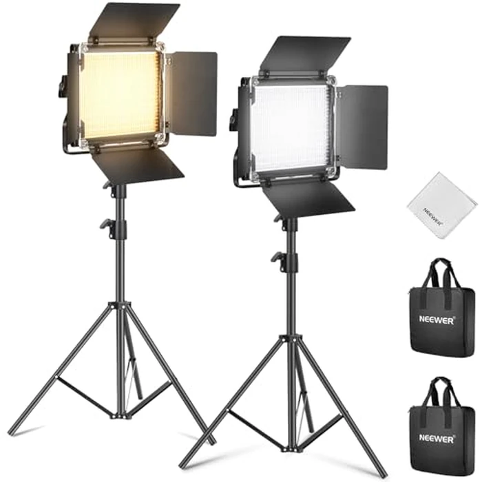 NEEWER 2 Pack Bi Color 660 LED Video Light Kit with Two 79" Tripod Stand, 3200K-5600K CRI 96+ Dimmable Panel Lighting with U Bracket and Barndoor for Studio Photography Recording Streaming, Black by NEEWER - Used - Very Good condition - CA$261.70