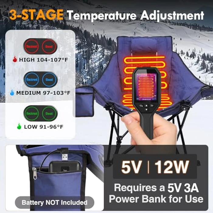 Slendor Oversized Heated Camping Chair, Folding Heated Rocking Chair with Padded Pillow, 3 Adjustable Heat Settings Portable Camp Chair for Outdoor & Indoor Use, NO Power Bank, Blue by Slendor - Image 3