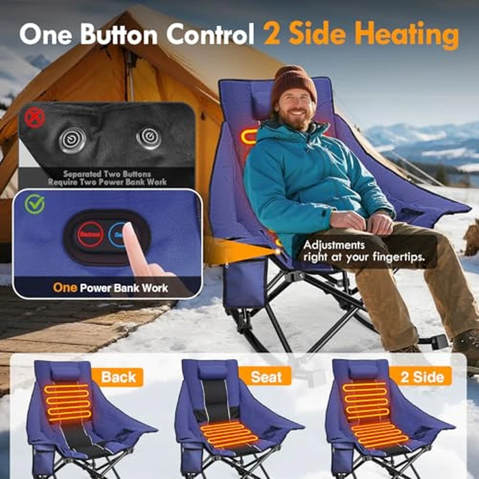 Slendor Oversized Heated Camping Chair, Folding Heated Rocking Chair with Padded Pillow, 3 Adjustable Heat Settings Portable Camp Chair for Outdoor & Indoor Use, NO Power Bank, Blue by Slendor - Image 4