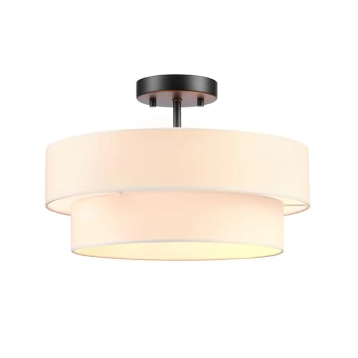 Globe Electric 66000138 2-Light Semi-Flush Mount Ceiling Light, Matte Black, 2-Tier, White Linen Shade, Home Improvement, Dining Room, Kitchen by Globe Electric - Used - Like New condition - CA$50.14