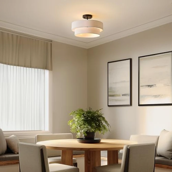 Globe Electric 66000138 2-Light Semi-Flush Mount Ceiling Light, Matte Black, 2-Tier, White Linen Shade, Home Improvement, Dining Room, Kitchen by Globe Electric - Image 3