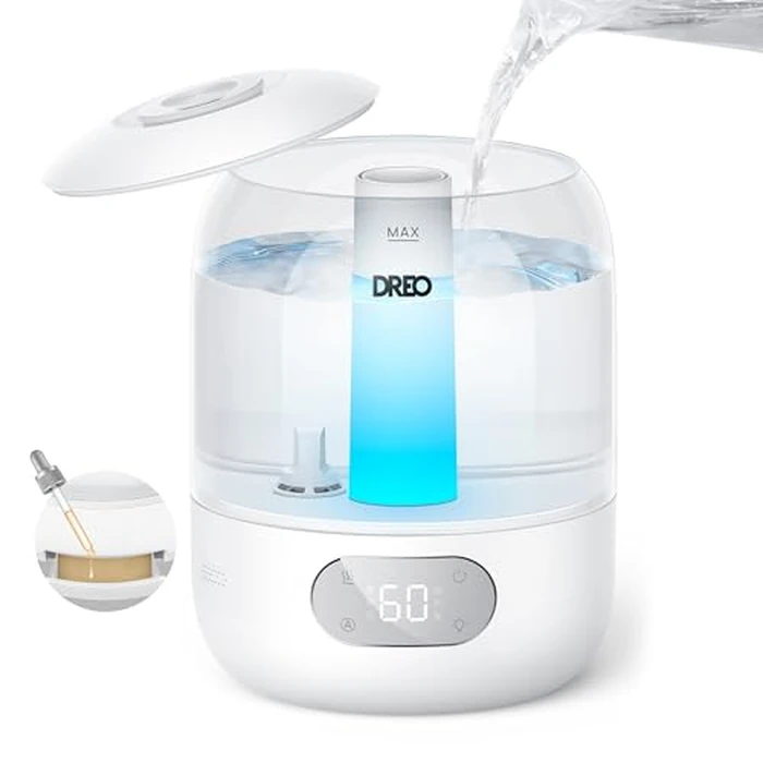 DREO Humidifiers for Bedroom, 3L Top Fill 30H & 26dB Quiet Cool Mist Air Humidifier, Easy to Fill & Clean Ultrasonic Humidifier for Plants, Baby, Nightlight, Humidity Sensor, 360 degrees Nozzle, BPA free by DREO - Image 1