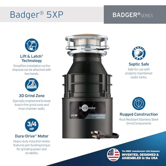 InSinkErator Badger 5XP Garbage Disposal with Power Cord, Standard Series 3/4 HP Continuous Feed Food Waste Disposer, Badger 5XP W/C by InSinkErator - Image 2