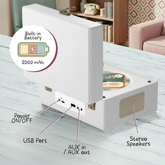 KLIM Retro CD Player - Vintage Style CD Player with Speakers, Bluetooth Receiver, AUX, USB, Rechargeable Battery, Mini Record Player Look, Small Cute CD Music Box for Home Decor - White by KLIM - Image 6