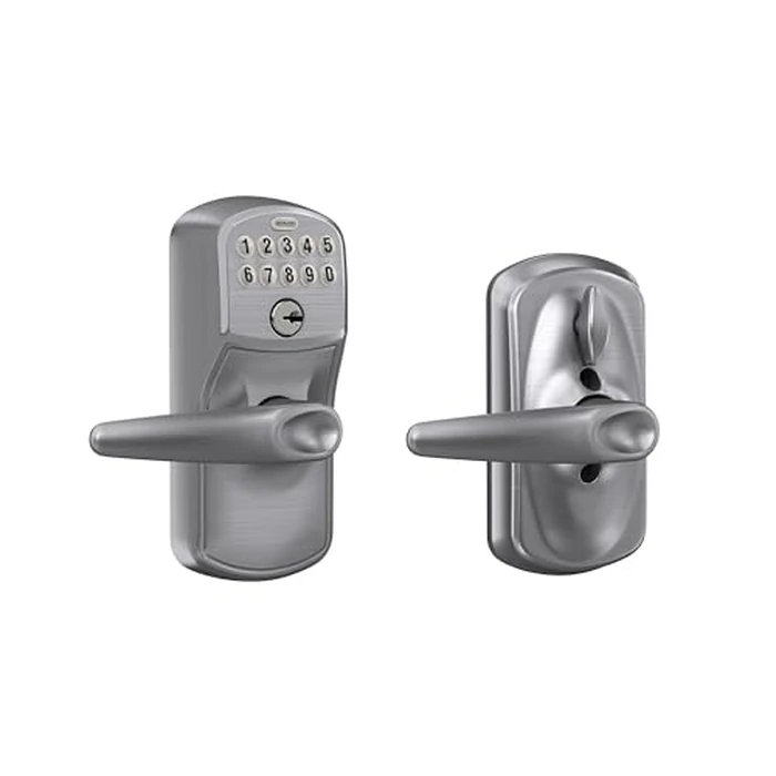 Schlage Plymouth Keypad Lock with Lever Handle, Electronic Keyless Door Entry, Auto‑Lock Enabled, Satin Chrome, FE575 PLY 626 JAZ by SCHLAGE - Used - Very Good condition