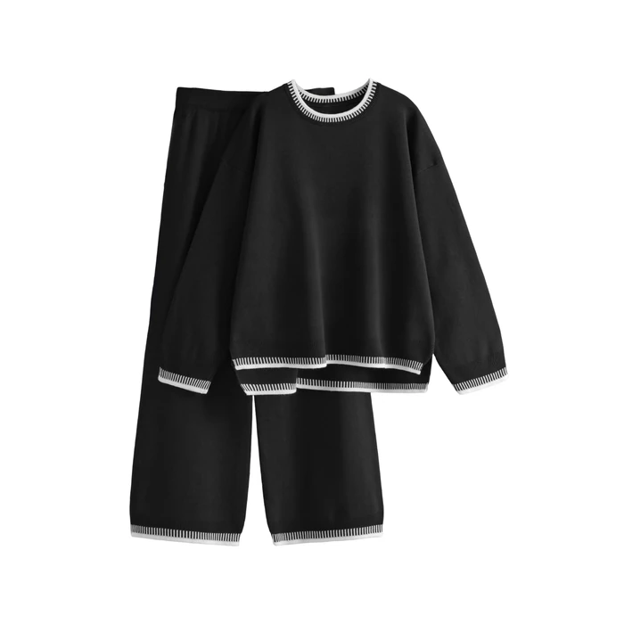 Lentta Women's 2 Piece Sweater Sets Outfits Long Sleeve Knit Pullover Tops Wide Leg Pants Lounge Sets Tracksuits(Black-S) by Lentta - Image 1