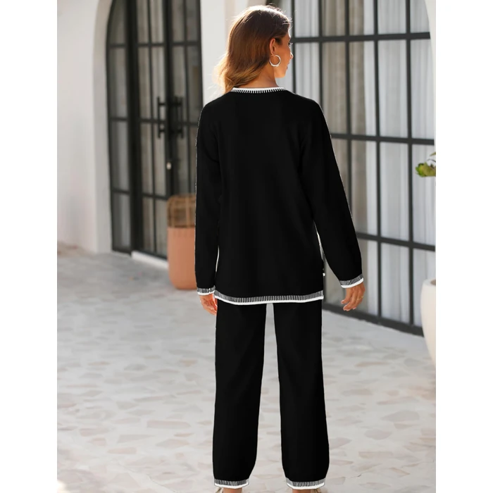 Lentta Women's 2 Piece Sweater Sets Outfits Long Sleeve Knit Pullover Tops Wide Leg Pants Lounge Sets Tracksuits(Black-S) by Lentta - Image 6