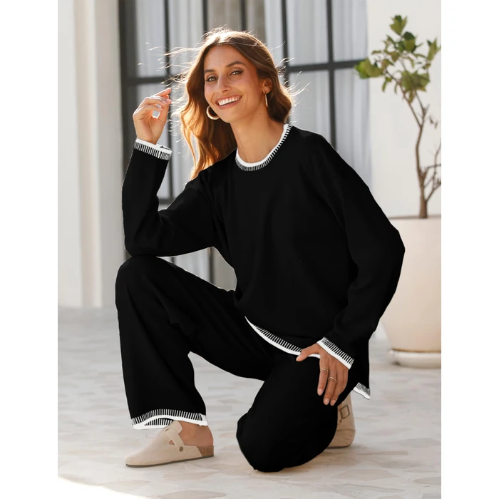 Lentta Women's 2 Piece Sweater Sets Outfits Long Sleeve Knit Pullover Tops Wide Leg Pants Lounge Sets Tracksuits(Black-S) by Lentta - Image 7