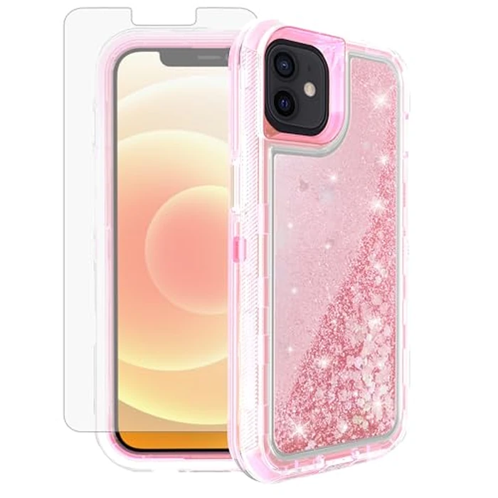 Asuwish Phone Case for iPhone 12 Mini 5.4 with Screen Protector Bling Liquid Glitter Clear Hybrid Shockproof Military Grade Protective Heavy Duty Cell Cover iPhone12mini 5G i 12s iPhone12 12mini Pink by Asuwish - Used - Like New condition - CA$18.74