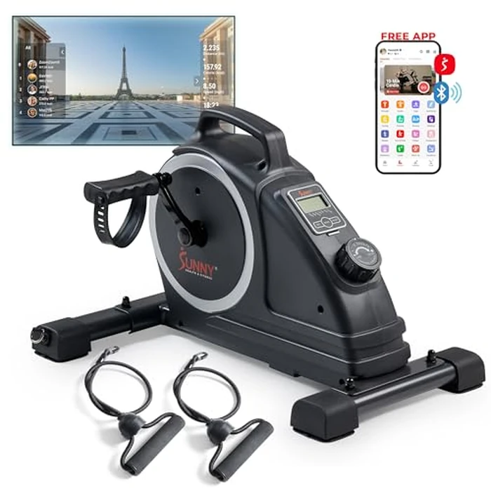 Sunny Health & Fitness Magnetic Compact Under-Desk Mini Exercise Bike, Indoor Full Body Cardio Training Machine w/Resistance Bands, Pedal Exerciser w/Free SunnyFit App Connectivity - SF-B020026SMART by Sunny Health & Fitness - Used - Acceptable condition