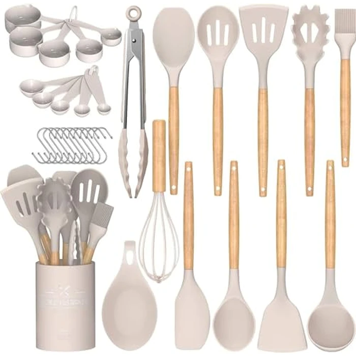 Umite Chef Kitchen Cooking Utensils Set, 33 pcs Non-Stick Silicone Cooking Kitchen Utensils Spatula Set with Holder, Wooden Handle Silicone Kitchen Gadgets Utensil Set (Khaki) by Umite Chef - Used - Like New condition