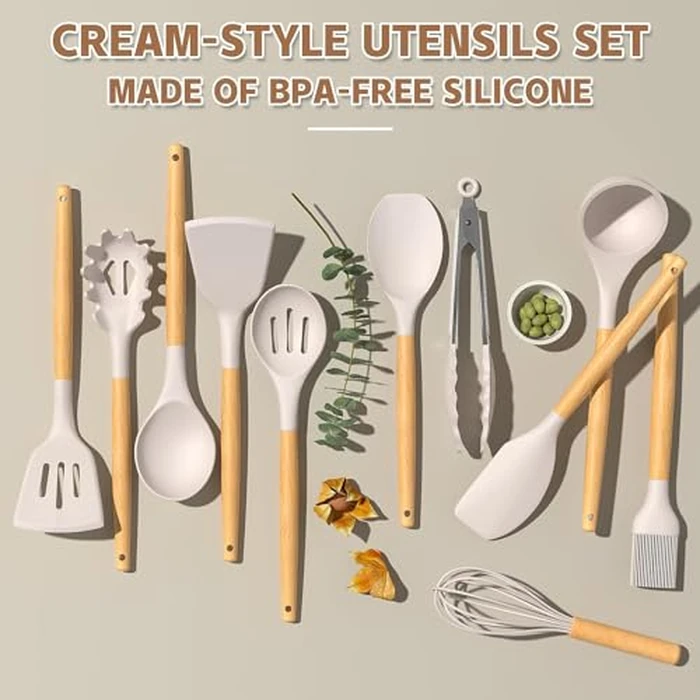Umite Chef Kitchen Cooking Utensils Set, 33 pcs Non-Stick Silicone Cooking Kitchen Utensils Spatula Set with Holder, Wooden Handle Silicone Kitchen Gadgets Utensil Set (Khaki) by Umite Chef - Image 4