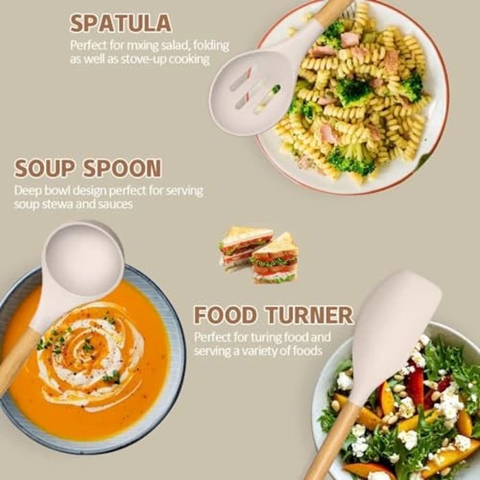 Umite Chef Kitchen Cooking Utensils Set, 33 pcs Non-Stick Silicone Cooking Kitchen Utensils Spatula Set with Holder, Wooden Handle Silicone Kitchen Gadgets Utensil Set (Khaki) by Umite Chef - Image 7