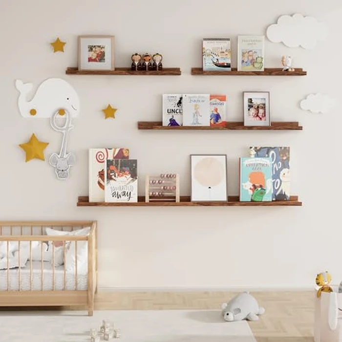 Fun Memories Picture Ledge Shelf, 36 Inch Floating Shelves Set of 2, Nursery Book Shelves for Toys Storage, Kids Bookshelf Wall Mounted for Wall Decor Books Photo Frames, Walnut by Fun Memories - Image 7