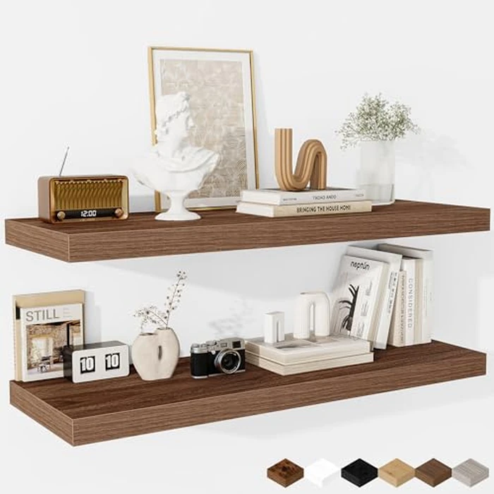 Fun Memories Floating Shelves - 2 Pack 12 Inch Deep Rustic Wooden Wall Shelves - Extra Deeper & Thicker Wall Mounted Storage Shelf for Living Room, Kitchen, Farmhouse - 36" W x 12" D x 1.5" H - Walnut by Fun Memories - Used - Like New condition