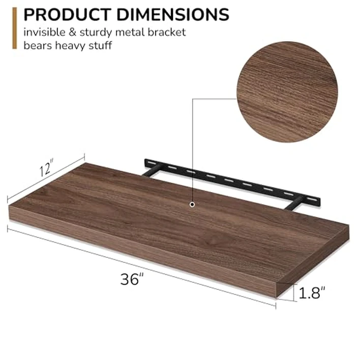 Fun Memories Floating Shelves - 2 Pack 12 Inch Deep Rustic Wooden Wall Shelves - Extra Deeper & Thicker Wall Mounted Storage Shelf for Living Room, Kitchen, Farmhouse - 36" W x 12" D x 1.5" H - Walnut by Fun Memories - Image 2