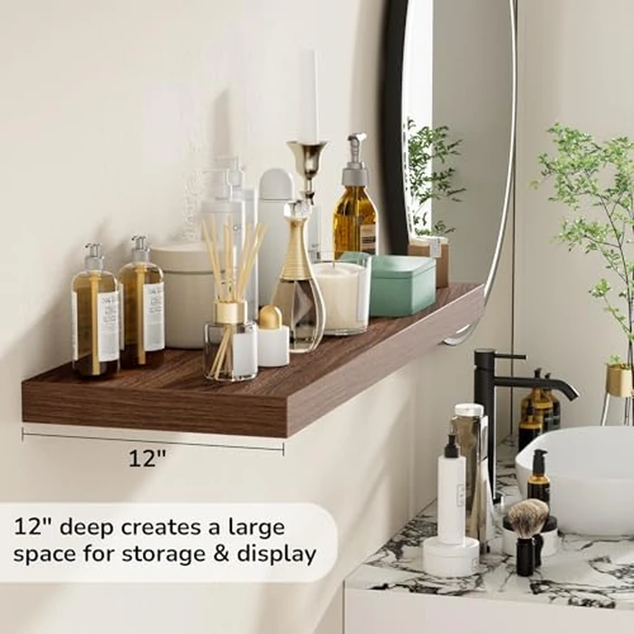 Fun Memories Floating Shelves - 2 Pack 12 Inch Deep Rustic Wooden Wall Shelves - Extra Deeper & Thicker Wall Mounted Storage Shelf for Living Room, Kitchen, Farmhouse - 36" W x 12" D x 1.5" H - Walnut by Fun Memories - Image 4