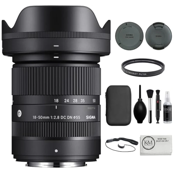 Sigma 18-50mm f/2.8 DC DN Contemporary Lens for Sony E Bundle with UV Filter + Deluxe Cleaning Kit - Blower, Lens Pen, Brush & Case + Cap Keeper + Microfiber Cleaning Cloth (4 Items) by Sigma - Used - Like New condition - US$554.80
