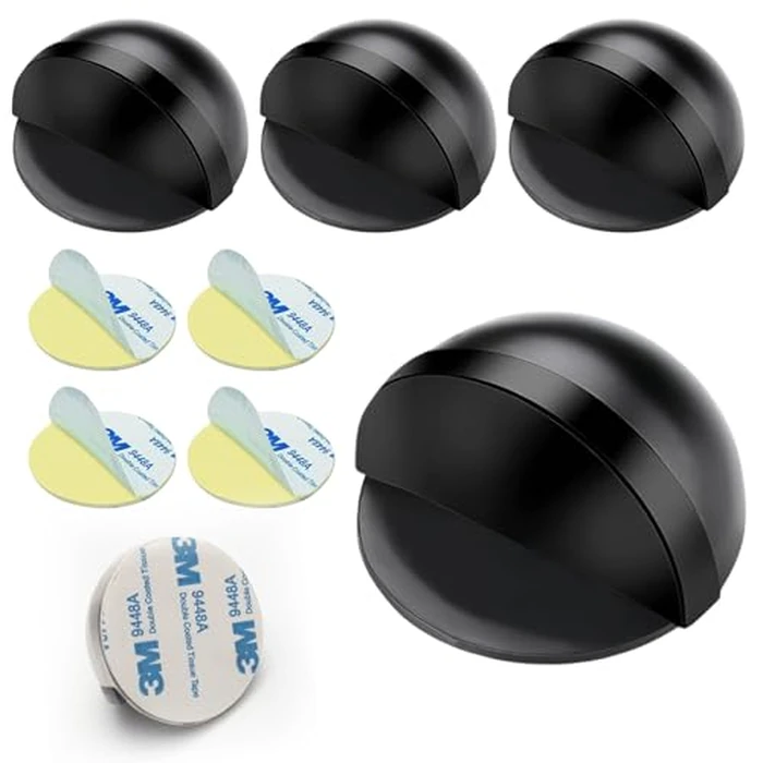 Drill-Free Floor Mounted Door Stoppers 3M Adhesive Self Adhesive Door Stoppers with Black Rubber Bumper Tips Floor Mount Half Dome Door Stopper for Office Bedroom Living Room Shower Room (Black-4Pcs) by NPENGHUI - Used - Very Good condition