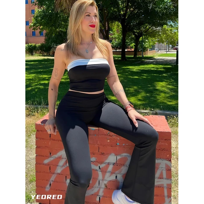 YEOREO Scrunch Flare Leggings V Back Butt Lifting Wide Leg High Waist 31.5" Gym Workout Yoga Pants Black L by YEOREO - Image 1