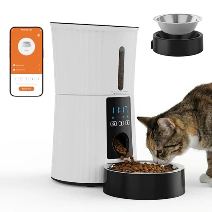 DUMOS Automatic Cat Feeder, 4L Timed Cat Food Dispenser with APP Control, 10s Voice Recorder, Dual Power Supply, 2.4G WiFi Indoor Programmable Pet Feeder with Desiccant for Small Cats and Dogs, White by DUMOS - Image 1