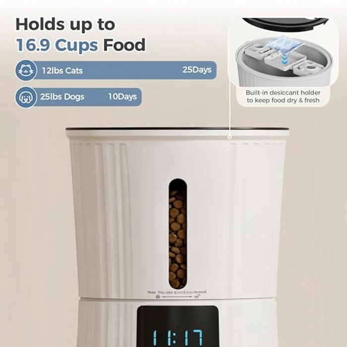 DUMOS Automatic Cat Feeder, 4L Timed Cat Food Dispenser with APP Control, 10s Voice Recorder, Dual Power Supply, 2.4G WiFi Indoor Programmable Pet Feeder with Desiccant for Small Cats and Dogs, White by DUMOS - Image 4
