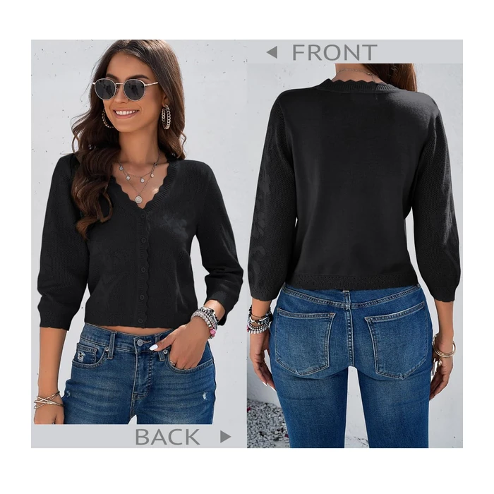 Kate Kasin Women's 3/4 Sleeve Cardigans Sweater Soft Lightweight V Neck Button Down Crochet Knit Textured Shrugs for Dress Black Small by Kate Kasin - Image 2