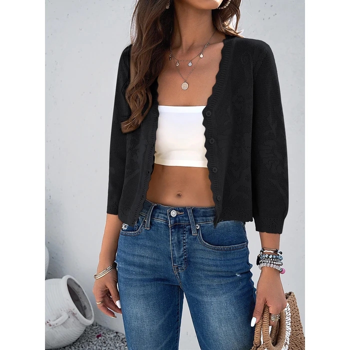 Kate Kasin Women's 3/4 Sleeve Cardigans Sweater Soft Lightweight V Neck Button Down Crochet Knit Textured Shrugs for Dress Black Small by Kate Kasin - Image 6