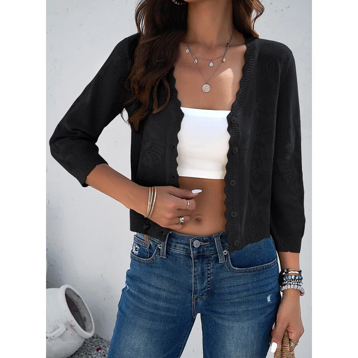 Kate Kasin Women's 3/4 Sleeve Cardigans Sweater Soft Lightweight V Neck Button Down Crochet Knit Textured Shrugs for Dress Black Small by Kate Kasin - Image 7