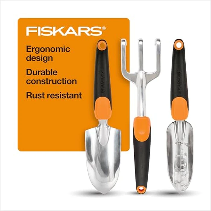 Fiskars 3-in-1 Garden Tool Set, Polished Cast-Aluminum Heads for Rust Resistance, Heavy-Duty Trowel, Transplanter & Cultivator for Digging and Planting, Non-Slip SoftGrip Handles Reduce Fatigue by Fiskars - Used - Like New condition - US$23.70