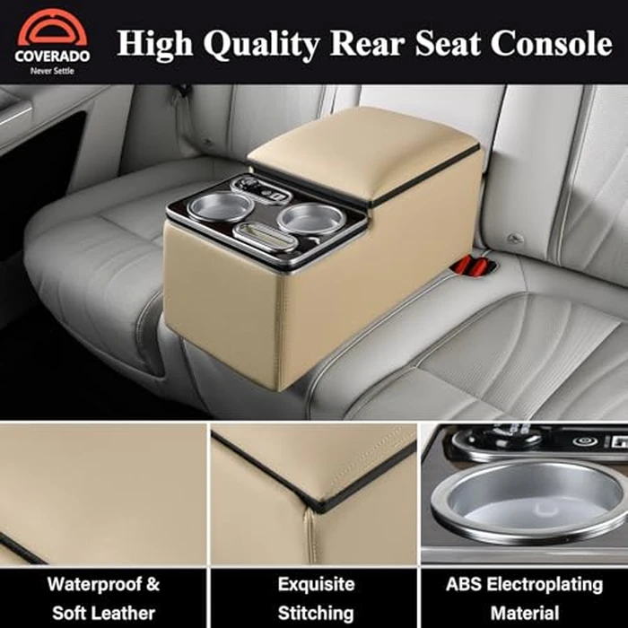 Coverado Car Center Console, Universal Rear Bench Seat Consoles, Back Seat Car Organizer, Seat Organizer with Cup Holder+Phone Holder, Central Armrest Box Back Seat Storage Box (Upgraded, Beige) by Coverado - Image 6