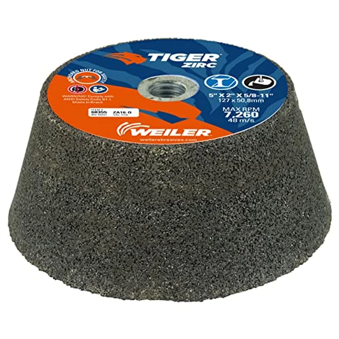 Weiler 68355 Tiger ZIRC Type 11 Flaring Cup Wheel, ZA16-Q, 5/3-3/4 x 2 x 5/8-11, Rim 1", Back 3/4", (Pack of 5) by Weiler - Used - Like New condition - US$66.16