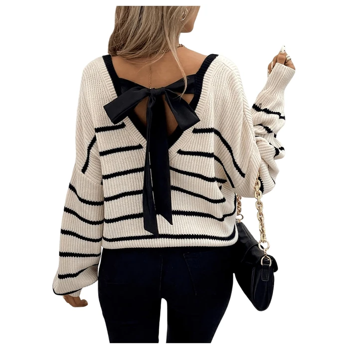 WDIRARA Women's Bow Sweaters Long Sleeve Backless V Neck Oversized Knit Pullover Sweater Multicolor Striped Medium by WDIRARA - Image 1