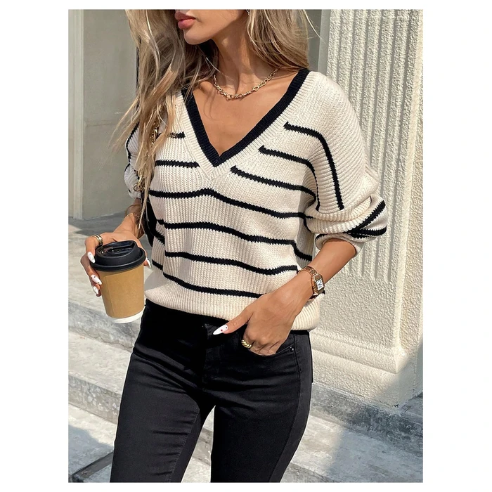 WDIRARA Women's Bow Sweaters Long Sleeve Backless V Neck Oversized Knit Pullover Sweater Multicolor Striped Medium by WDIRARA - Image 3