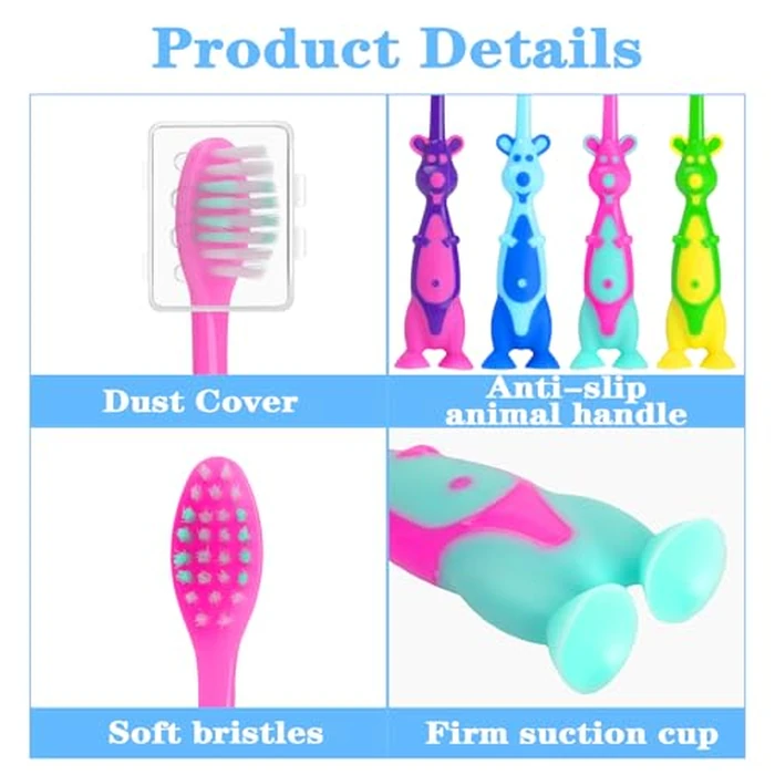 Akulgaci 100 Pack Kids Toothbrush Bulk Soft Bristles Toddler Cute Toothbrush with Suction Cup, Includes Travel Covers, Individually Wrapped Toothbrushes for Kid Home School Daycare Camp (Kangaroo) by Akulgaci - Image 3