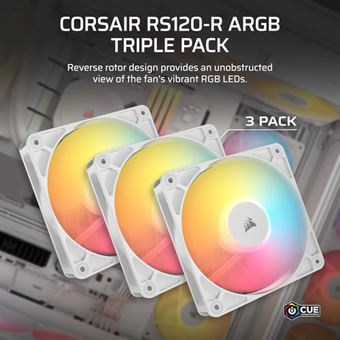 Corsair RS120-R ARGB 120mm PWM ARGB Reverse Fans - Reverse Rotor, +5V ARGB Connections, Eight RGB LEDs, High Static Pressure, Daisy-Chain, Magnetic Dome Bearing, Zero RPM Mode - Triple Pack - White by Corsair - Image 2