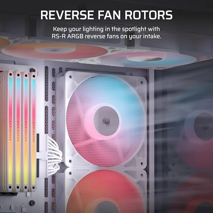 Corsair RS120-R ARGB 120mm PWM ARGB Reverse Fans - Reverse Rotor, +5V ARGB Connections, Eight RGB LEDs, High Static Pressure, Daisy-Chain, Magnetic Dome Bearing, Zero RPM Mode - Triple Pack - White by Corsair - Image 3