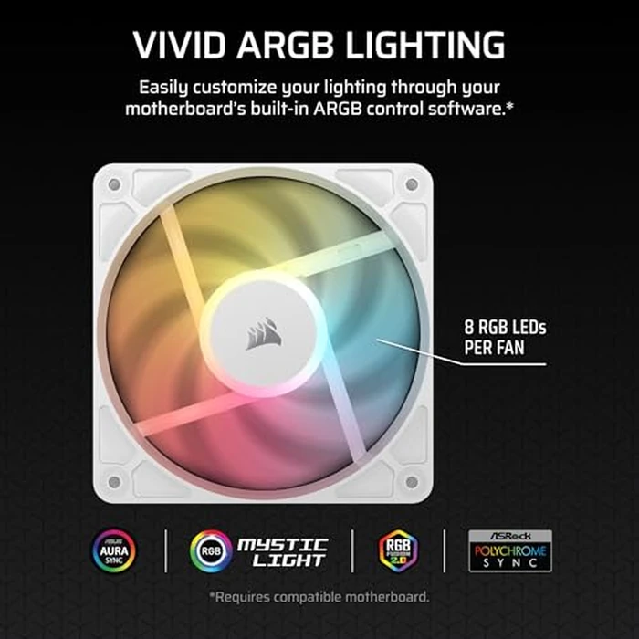 Corsair RS120-R ARGB 120mm PWM ARGB Reverse Fans - Reverse Rotor, +5V ARGB Connections, Eight RGB LEDs, High Static Pressure, Daisy-Chain, Magnetic Dome Bearing, Zero RPM Mode - Triple Pack - White by Corsair - Image 4