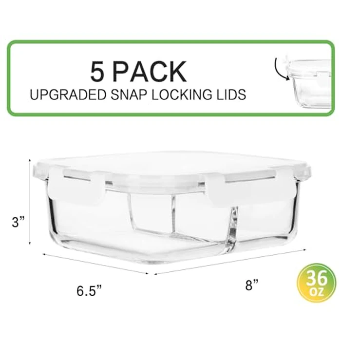 M MCIRCO [5-Pack,36 oz] Glass Meal Prep Containers 3 Compartment with Lids, Glass Lunch Containers,Food Prep Lunch Box,Bento Box, Microwave, Oven, Freezer, Dishwasher (4.5 Cups, White) by M MCIRCO - Used - Like New condition - US$29.06