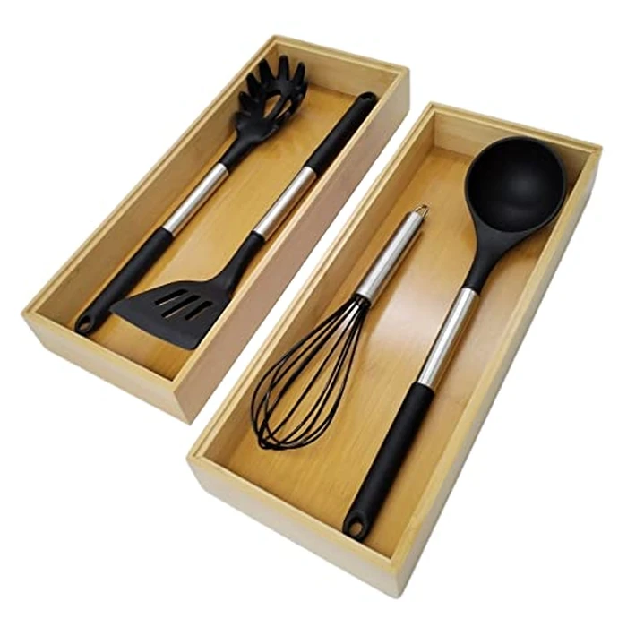 ROLiGHTiC Wooden Bamboo Kitchen Drawer Organizer Box, Stackable Tray Utensil Organizer for Office Drawers, Cabinets, Shelves, Pantry, or Bathroom Counter, Drawer Dividers for Silverware Set of 2, 15x6x2 inch by ROLiGHTiC - Used - Acceptable condition - CA$17.30