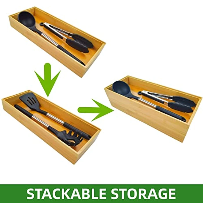 ROLiGHTiC Wooden Bamboo Kitchen Drawer Organizer Box, Stackable Tray Utensil Organizer for Office Drawers, Cabinets, Shelves, Pantry, or Bathroom Counter, Drawer Dividers for Silverware Set of 2, 15x6x2 inch by ROLiGHTiC - Image 2
